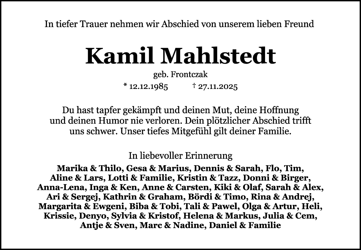 Traueranzeige von Kamil Mahlstedt von WESER-KURIER