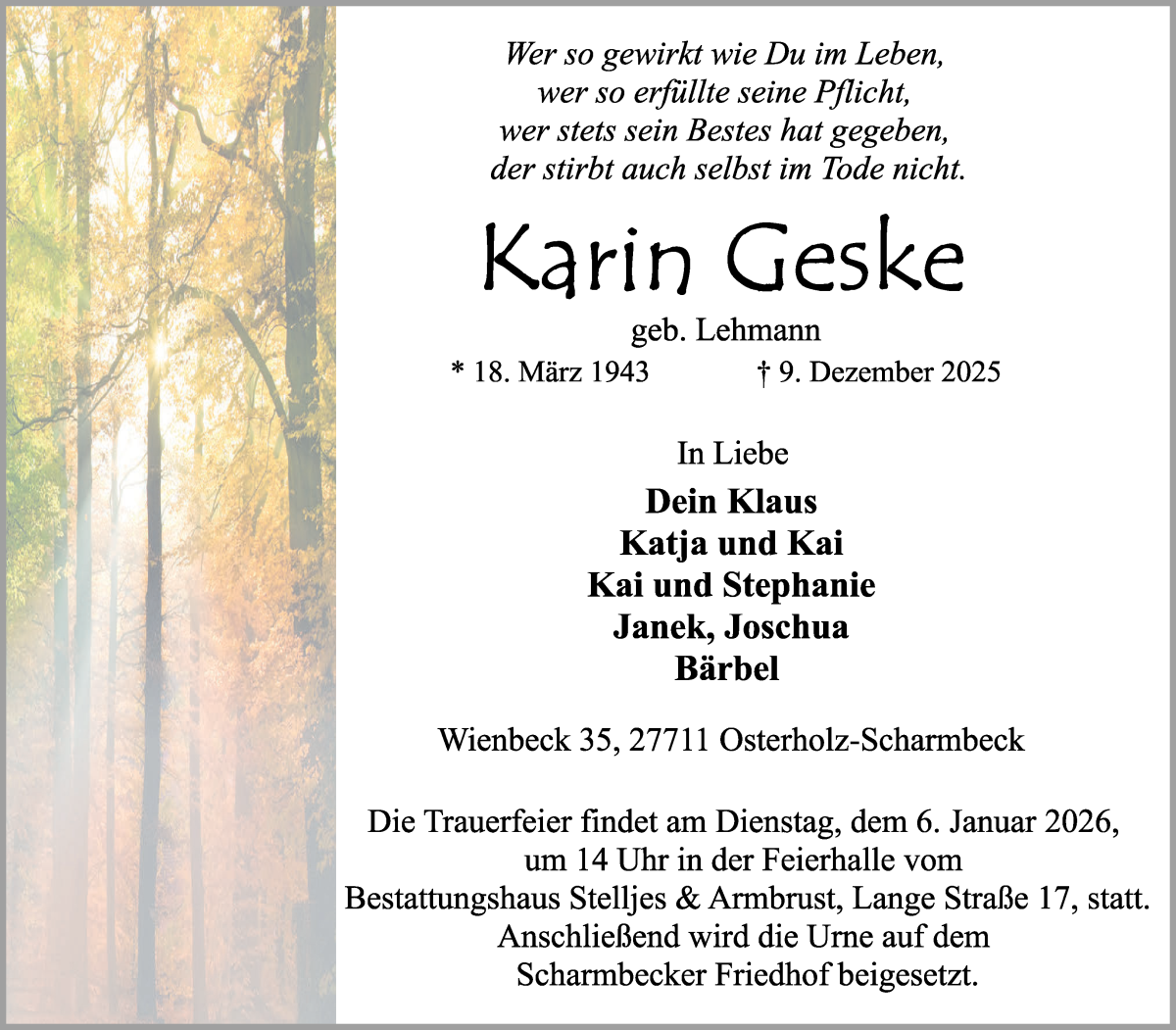 Traueranzeige von Karin Geske von Osterholzer Kreisblatt