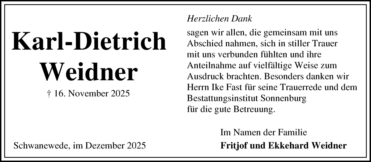 Traueranzeige von Karl-Dietrich Weidner von Osterholzer Kreisblatt