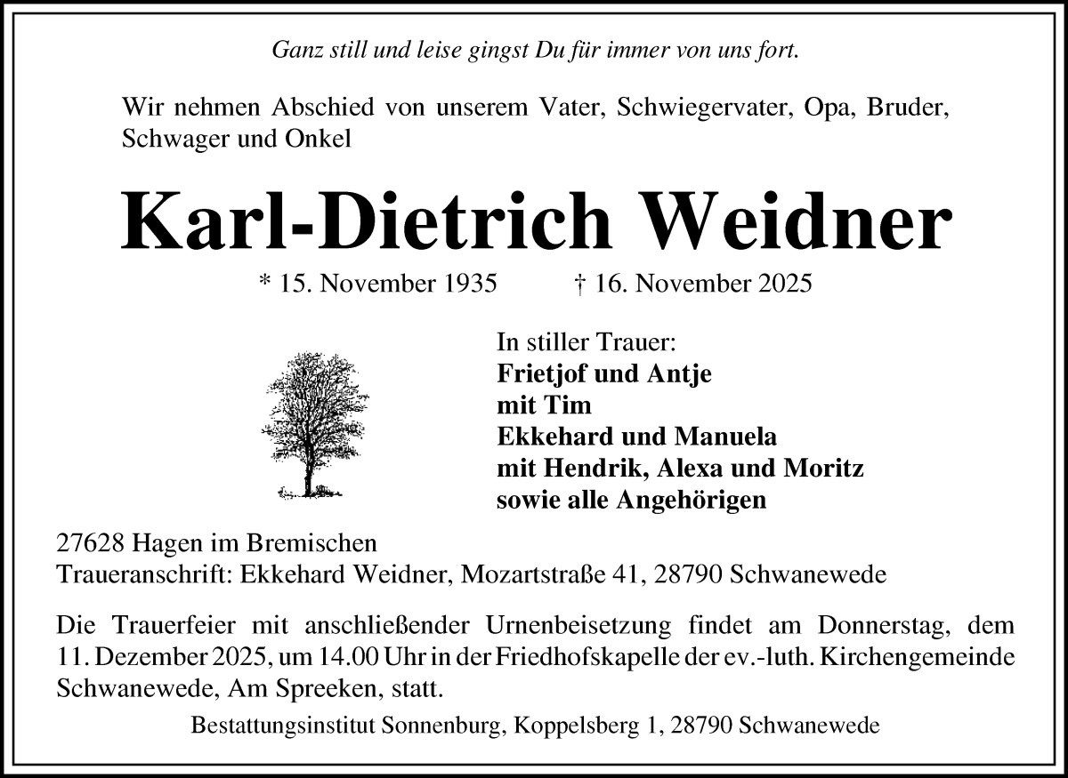 Traueranzeige von Karl-Dietrich Weidner von Die Norddeutsche