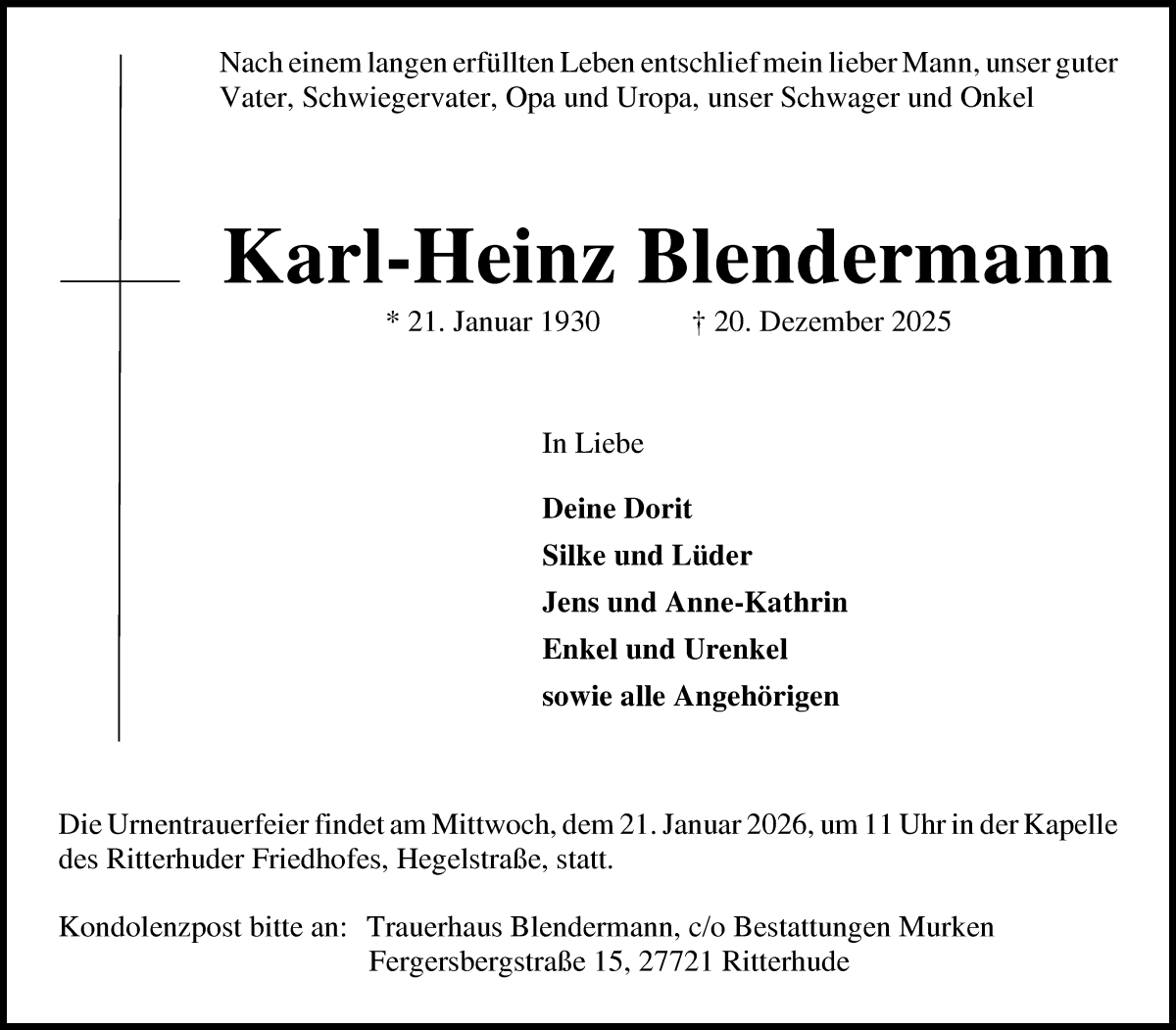 Traueranzeige von Karl-Heinz Blendermann von Osterholzer Kreisblatt