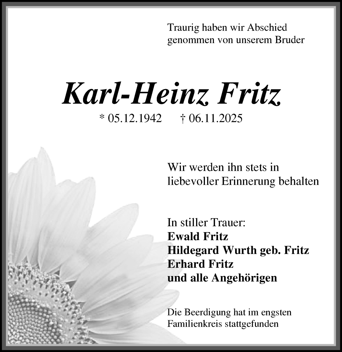 Traueranzeige von Karl-Heinz Fritz von Die Norddeutsche