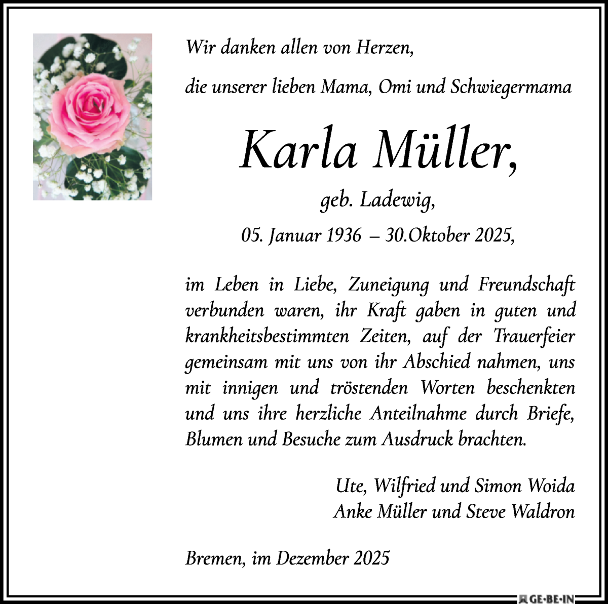  Traueranzeige für Karla Müller vom 06.12.2025 aus WESER-KURIER