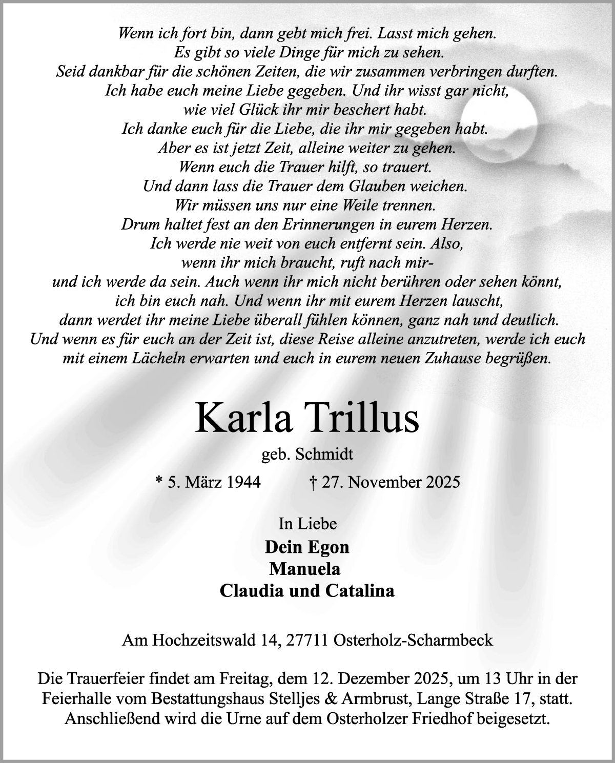 Traueranzeige von Karla Trillus von Osterholzer Kreisblatt