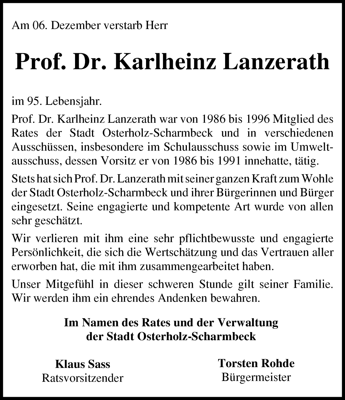 Traueranzeige von Karlheinz Lanzerath von Osterholzer Kreisblatt