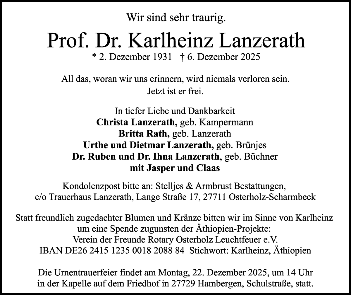 Traueranzeige von Karlheinz Lanzerath von WESER-KURIER