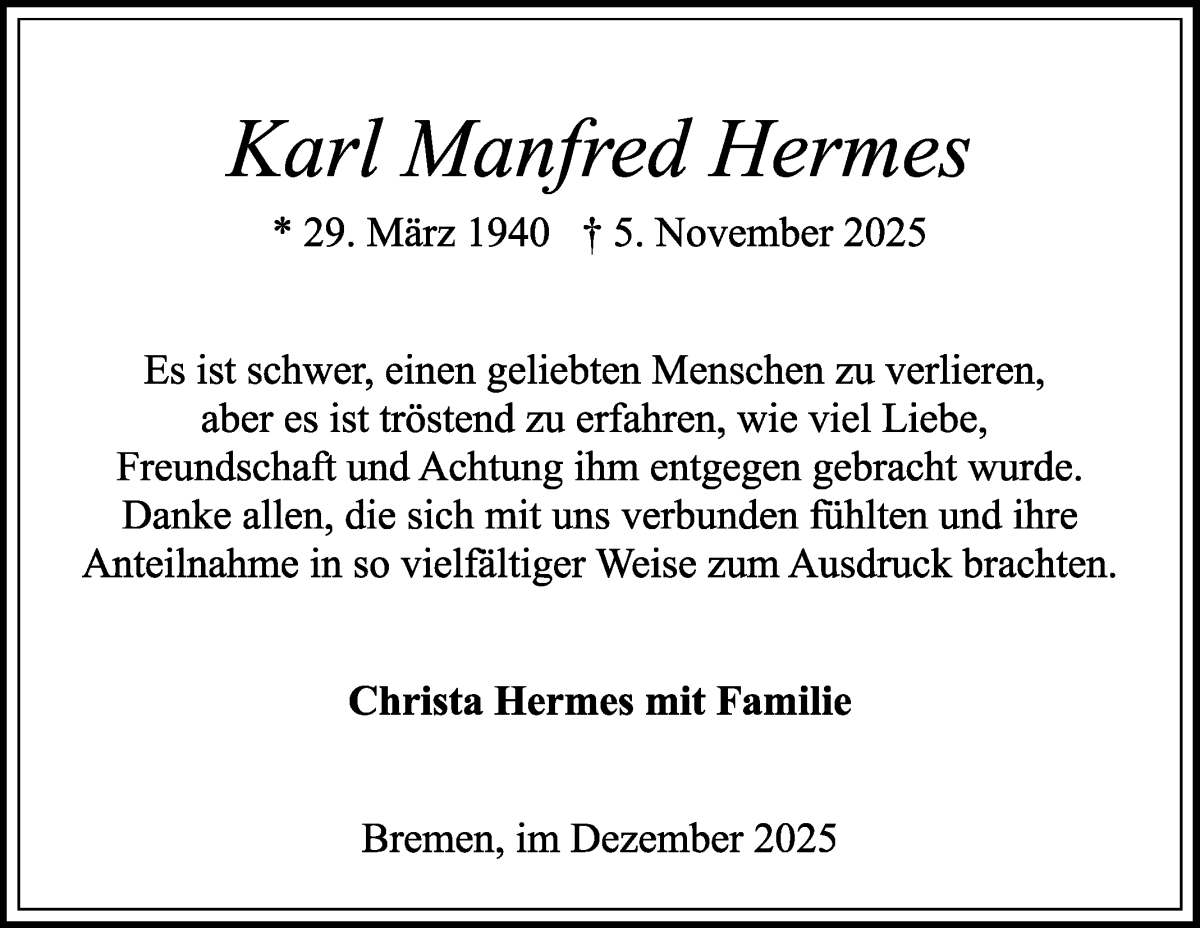 Traueranzeige von Karl Manfred Hermes von WESER-KURIER
