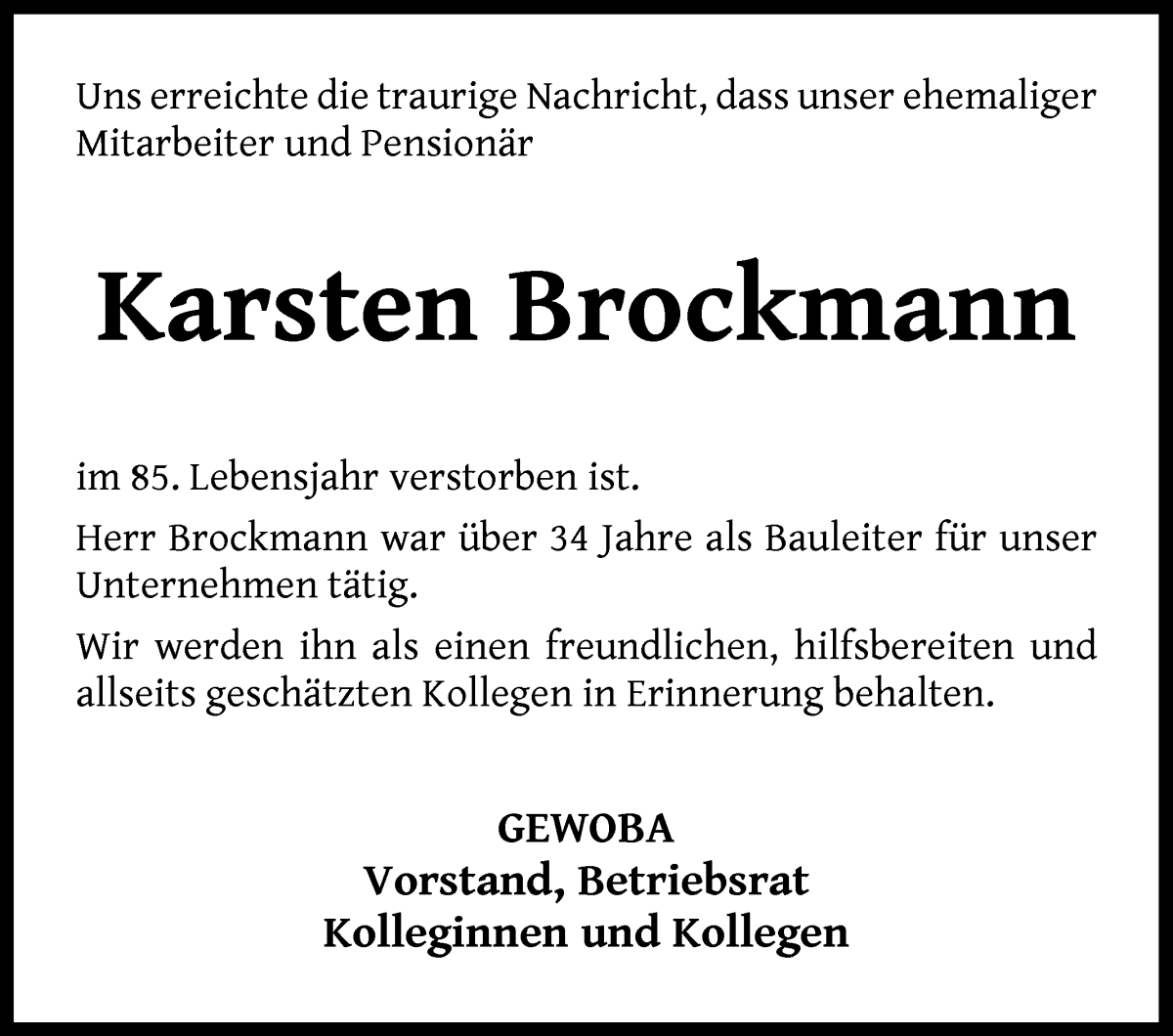 Traueranzeige von Karsten Brockmann von WESER-KURIER