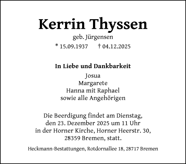 Traueranzeige von Kerrin Thyssen von WESER-KURIER