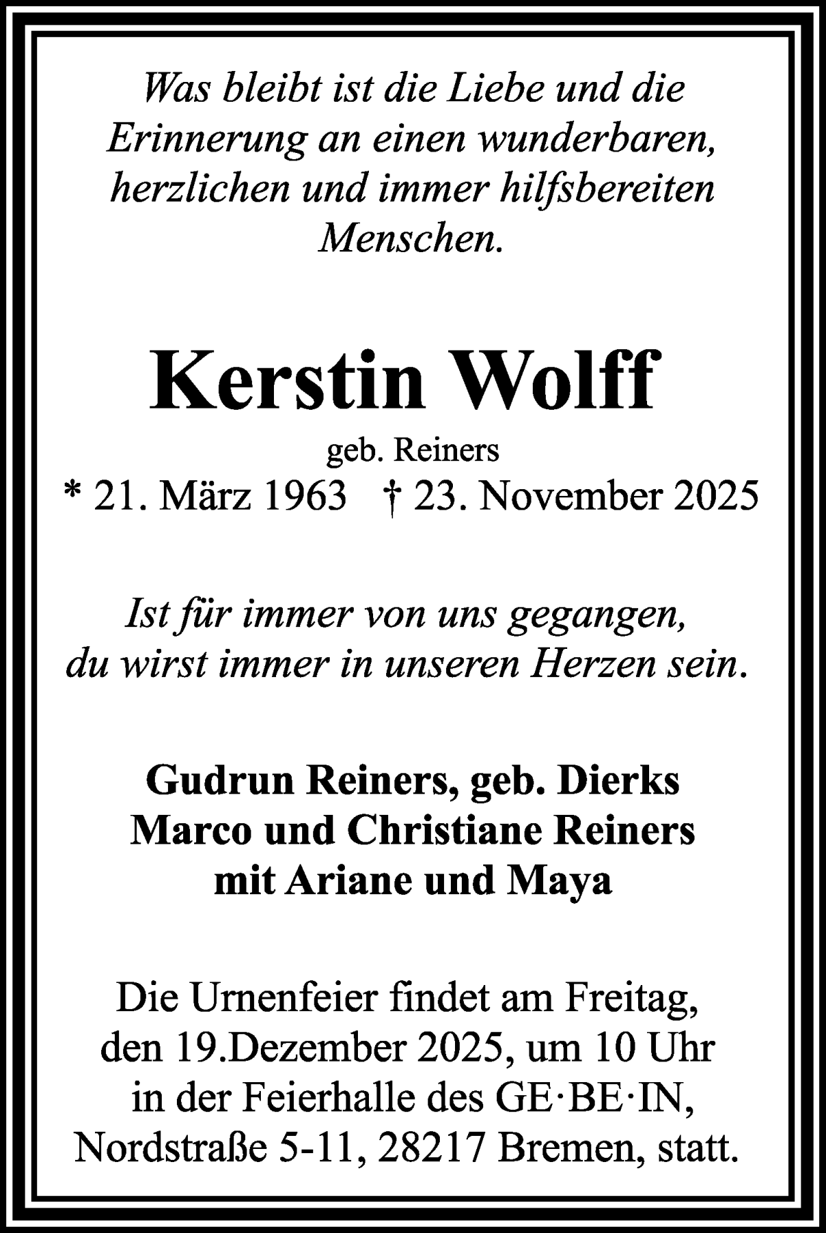 Traueranzeige von Kerstin Wolff von WESER-KURIER