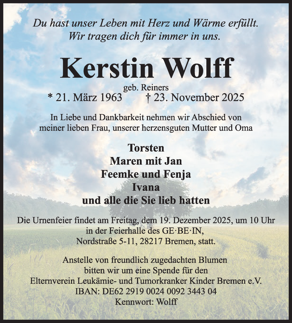 Traueranzeige von Kerstin Wolff von WESER-KURIER