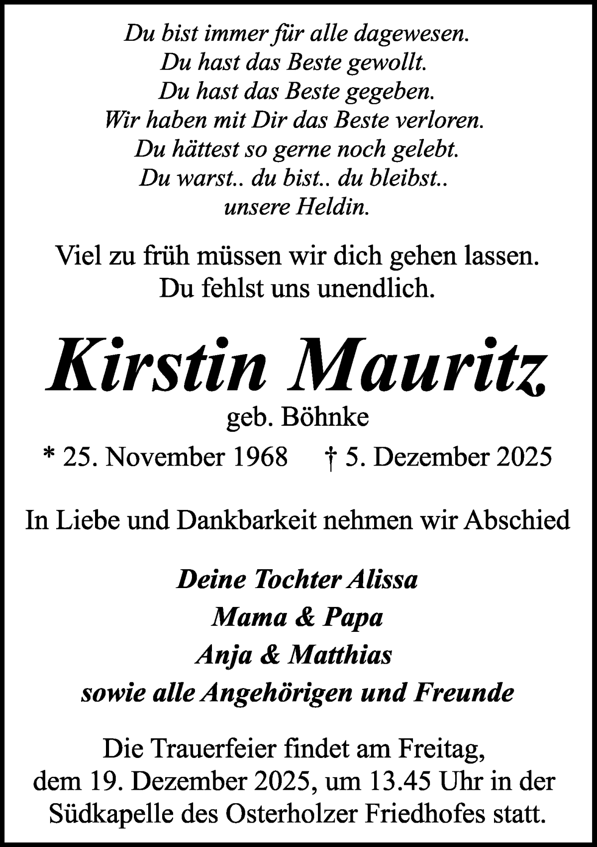 Traueranzeige von Kirstin Mauritz von WESER-KURIER