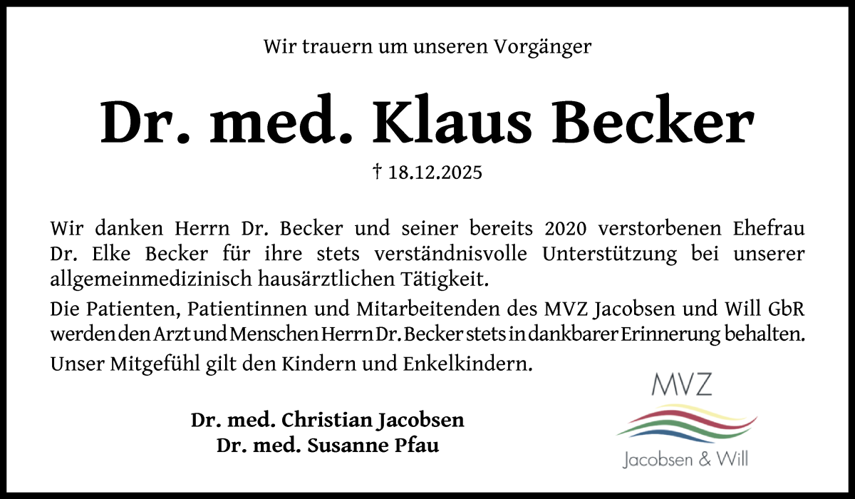 Traueranzeige von Klaus Becker von Osterholzer Kreisblatt