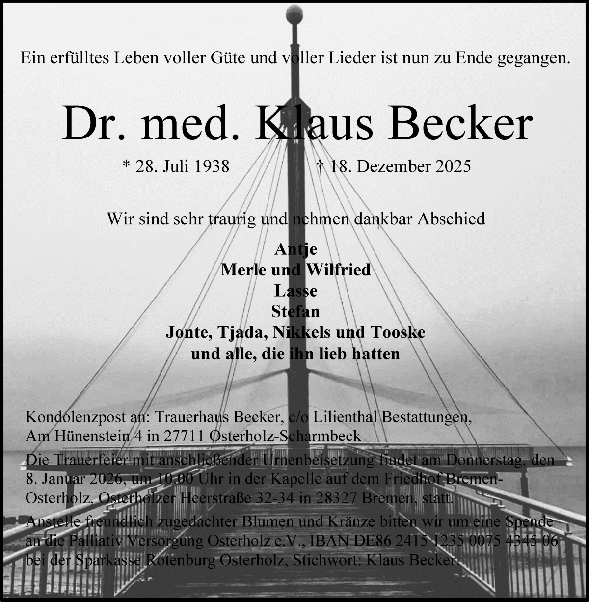 Traueranzeige von Klaus Becker von Osterholzer Kreisblatt
