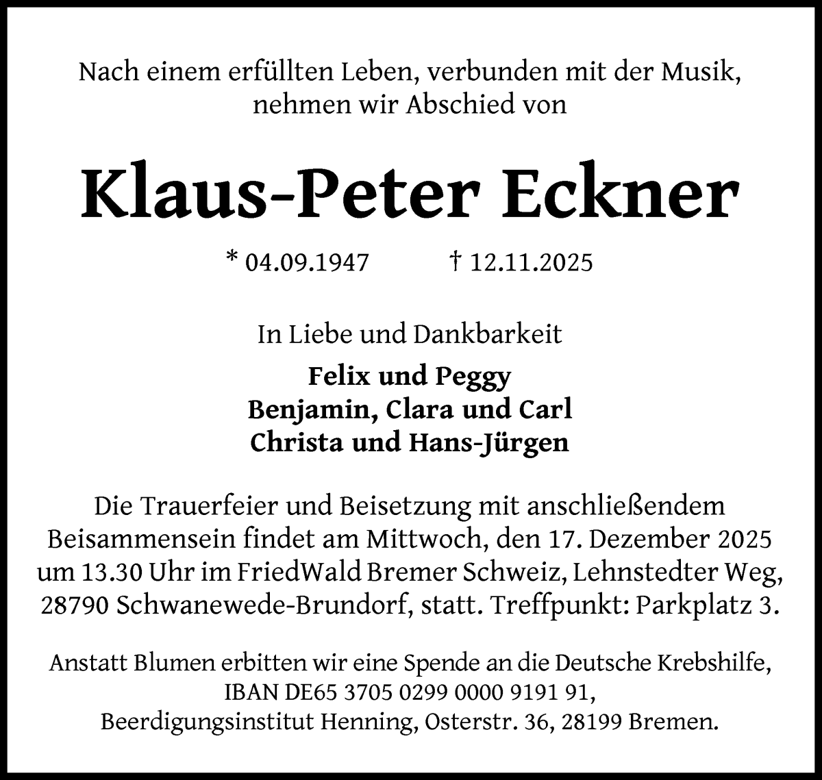 Traueranzeige von Klaus-Peter Eckner von WESER-KURIER
