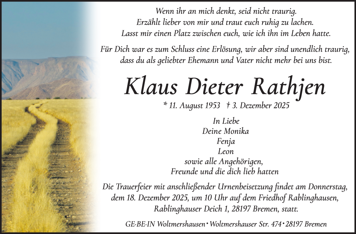 Traueranzeige für Klaus Dieter Rathjen vom 13.12.2025 aus WESER-KURIER