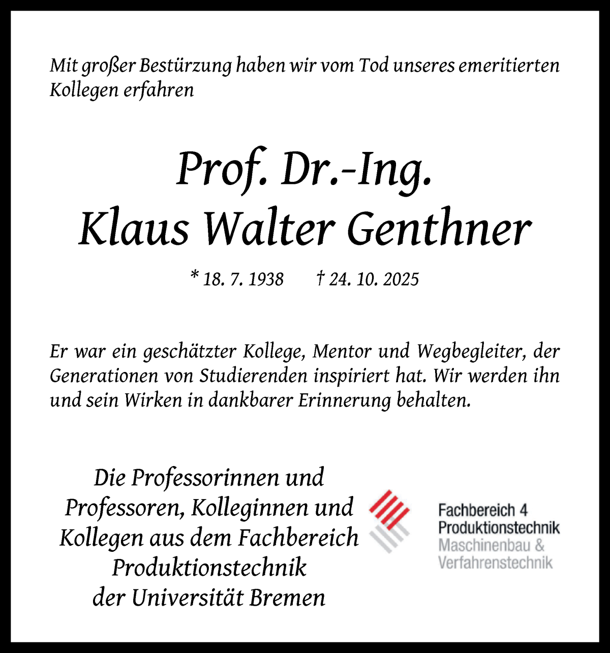 Traueranzeige von Klaus Walter Genthner von WESER-KURIER