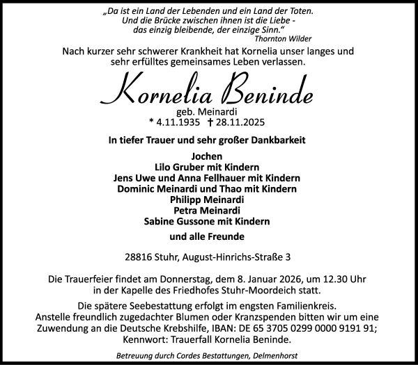 Traueranzeige von Kornelia Beninde von WESER-KURIER