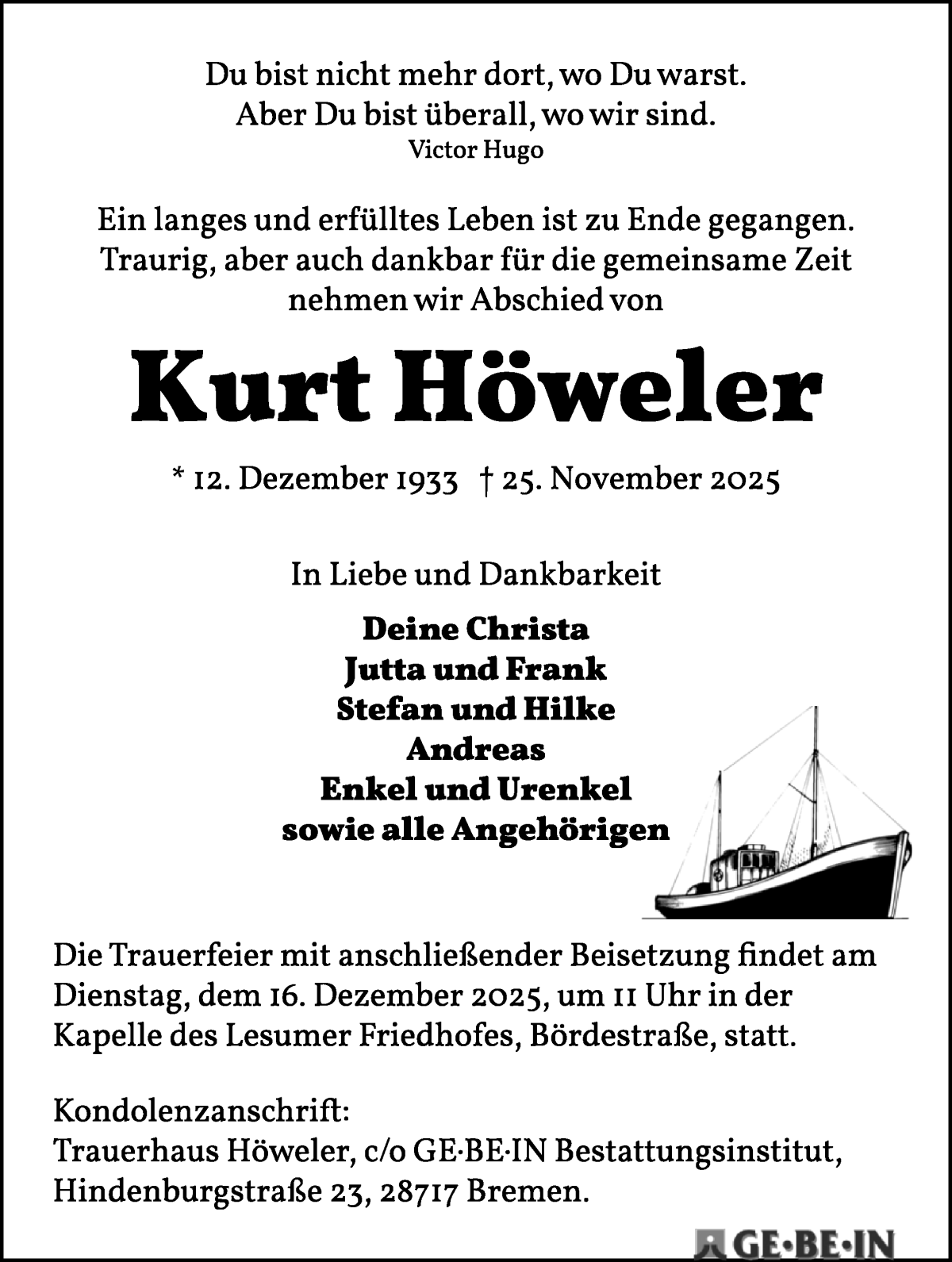 Traueranzeige von Kurt Höweler von Die Norddeutsche