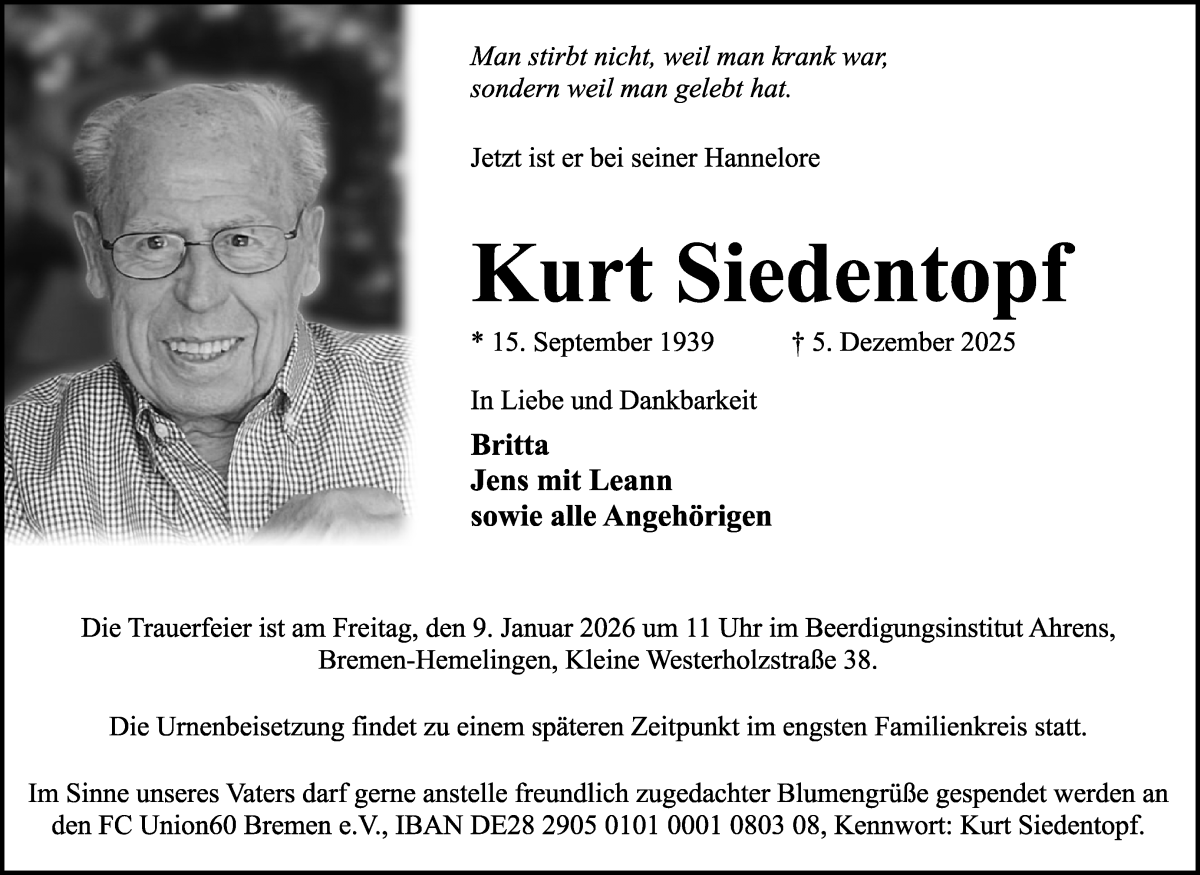 Traueranzeige von Kurt Siedentopf von WESER-KURIER