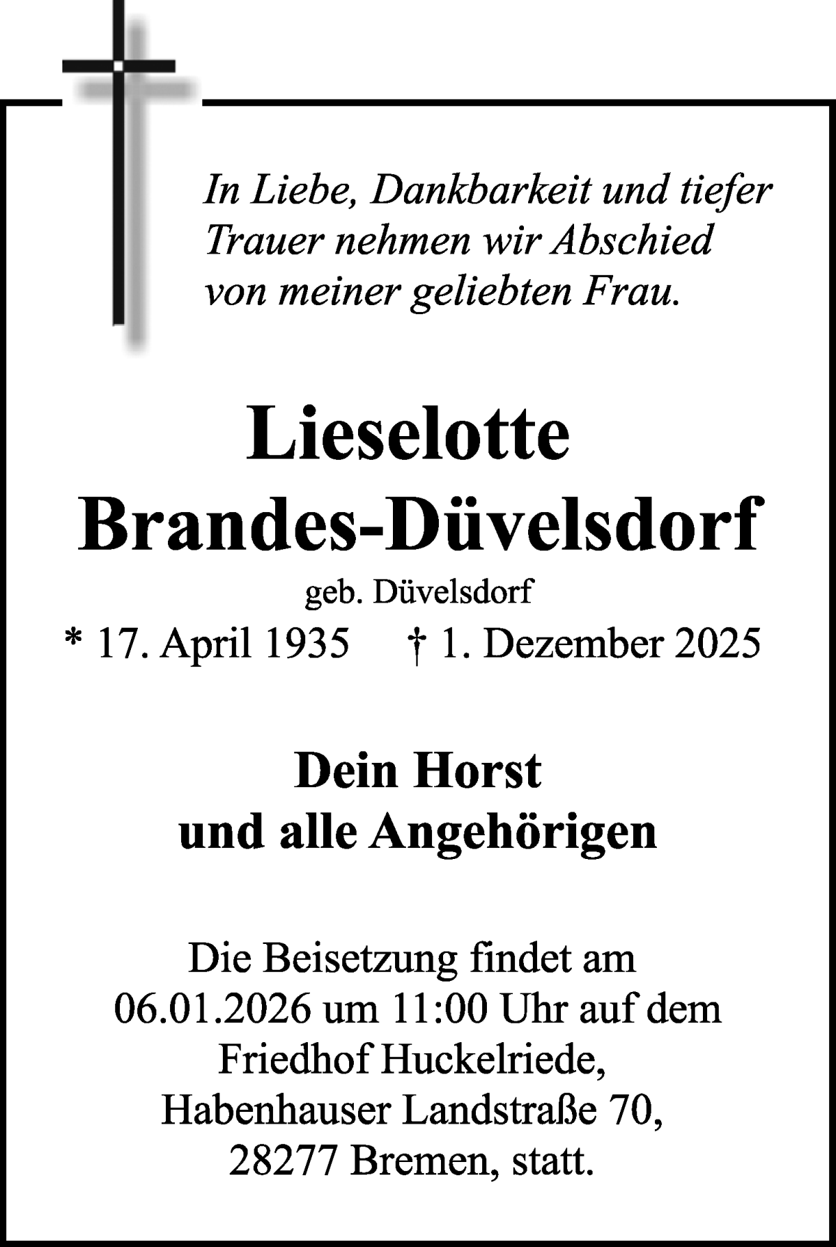 Traueranzeige von Lieselotte Brandes-Düvelsdorf von WESER-KURIER