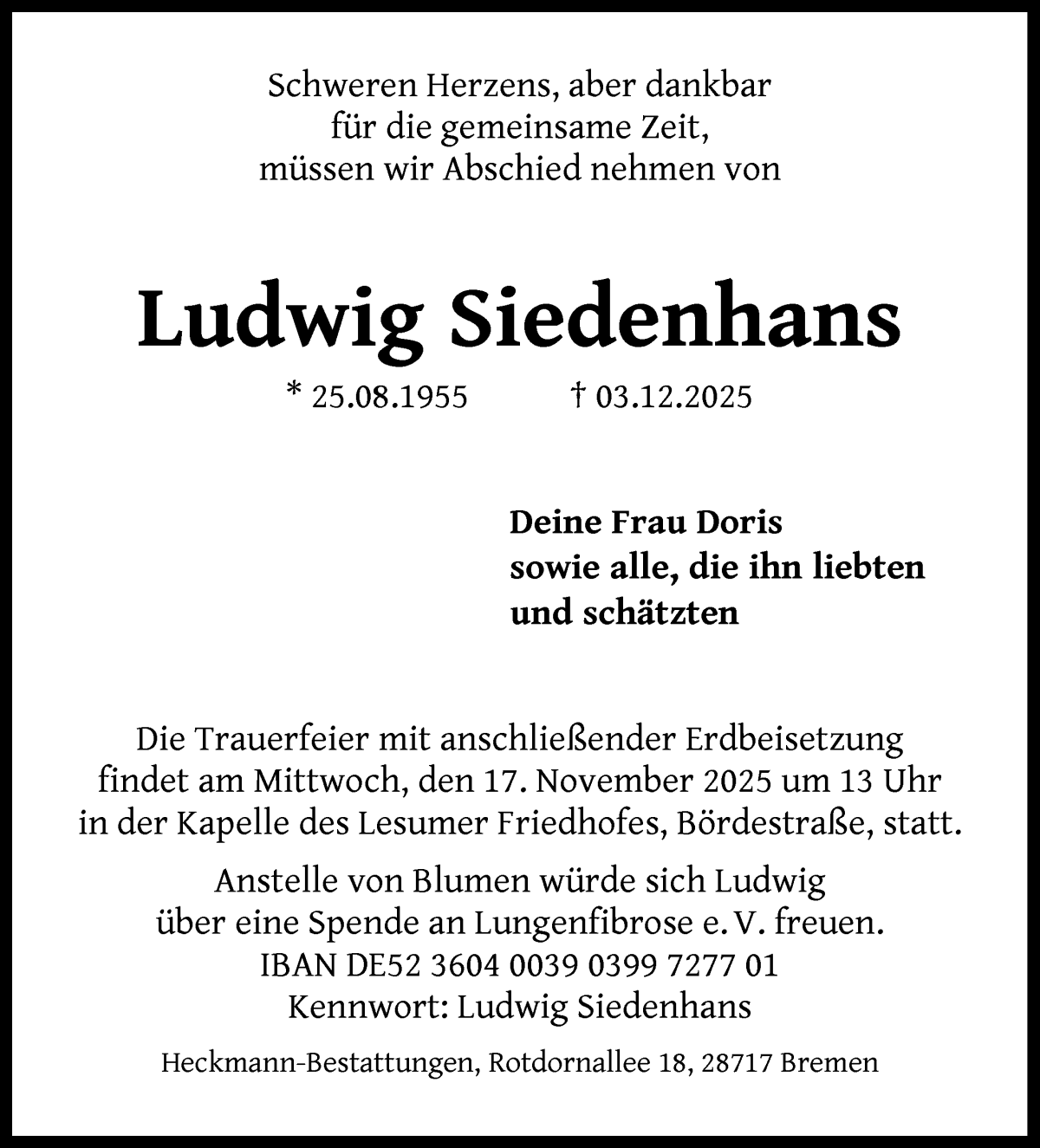  Traueranzeige für Ludwig Siedenhans vom 13.12.2025 aus Die Norddeutsche