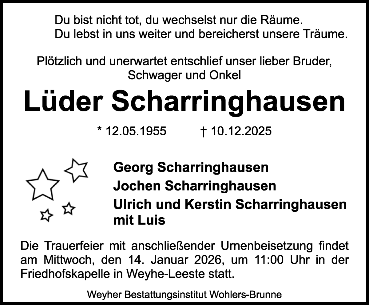 Traueranzeige von Lüder Scharringhausen von WESER-KURIER
