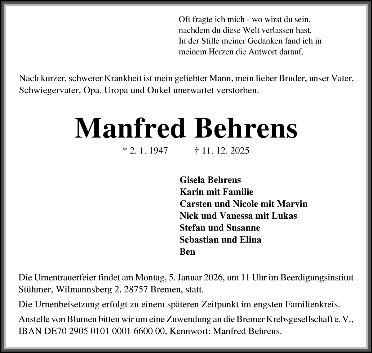 Traueranzeige von Manfred Behrens von Die Norddeutsche