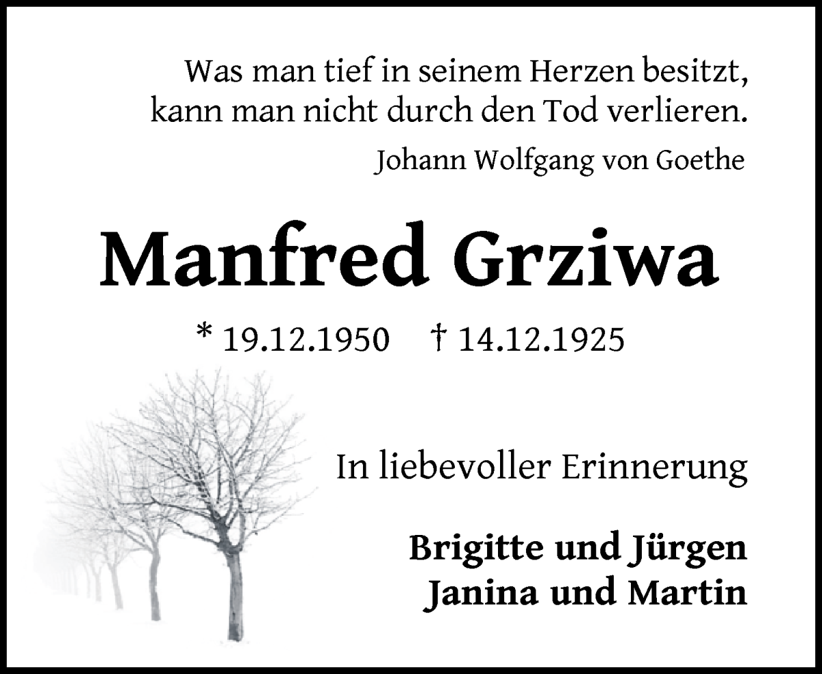Traueranzeige von Manfred Grziwa von WESER-KURIER