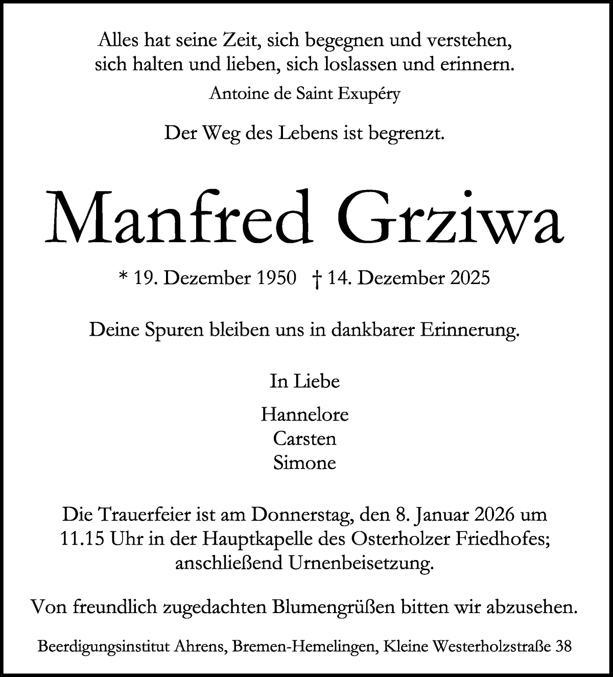 Traueranzeige von Manfred Grziwa von WESER-KURIER