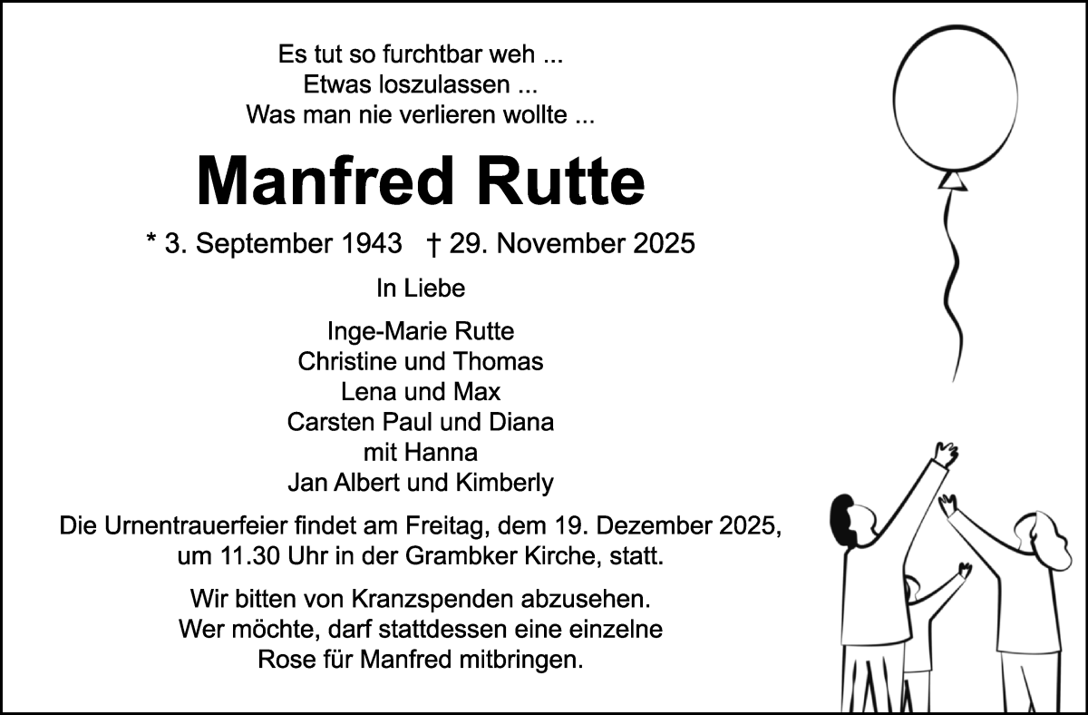 Traueranzeige von Manfred Rutte von Die Norddeutsche