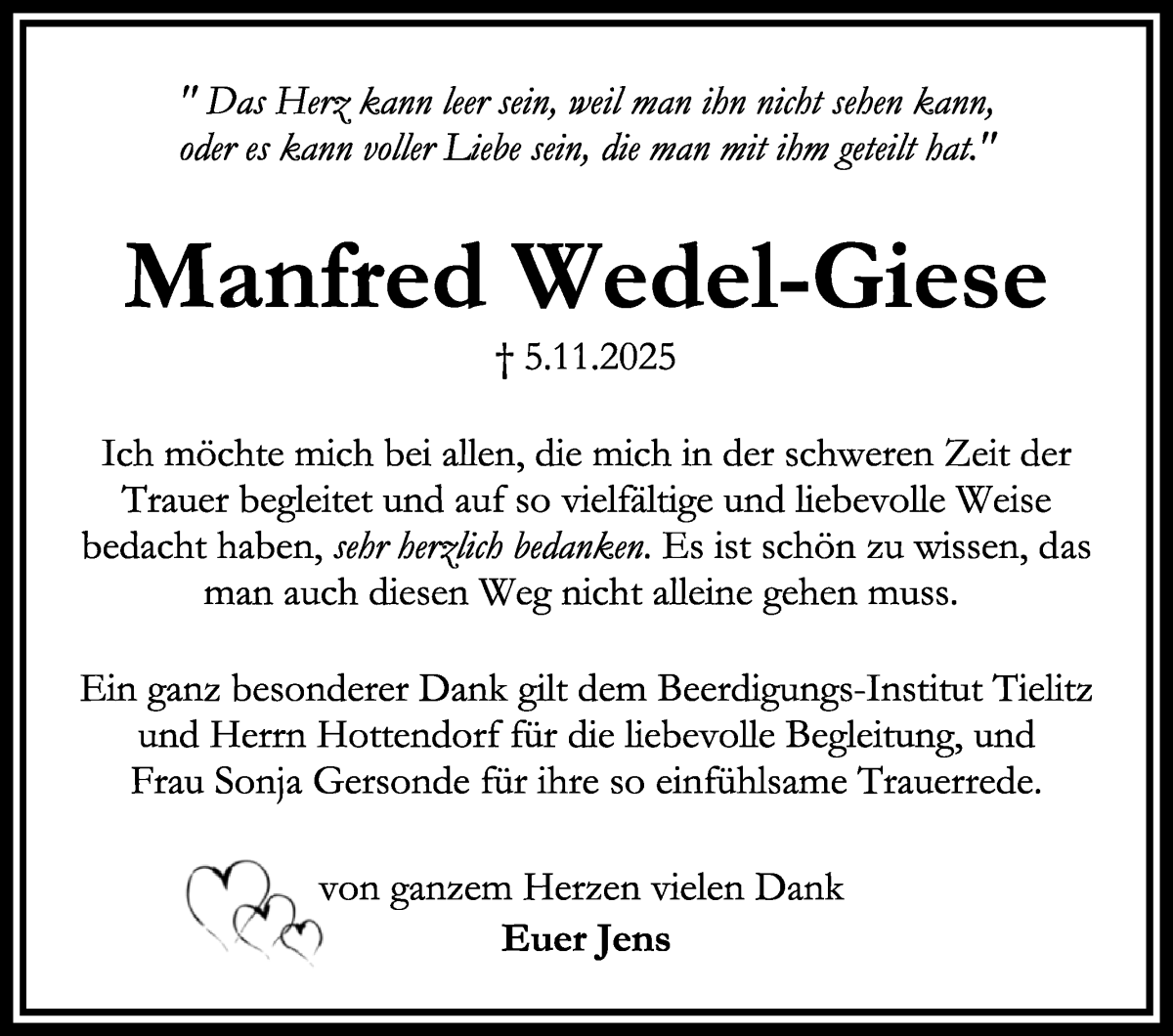 Traueranzeige von Manfred Wedel-Giese von WESER-KURIER
