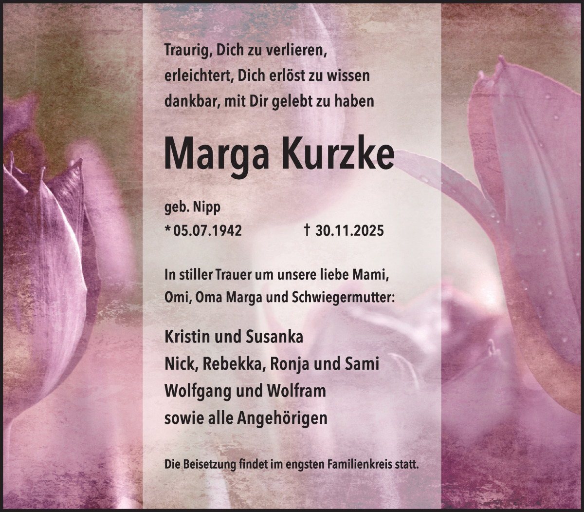 Traueranzeige von Marga Kurzke von WESER-KURIER