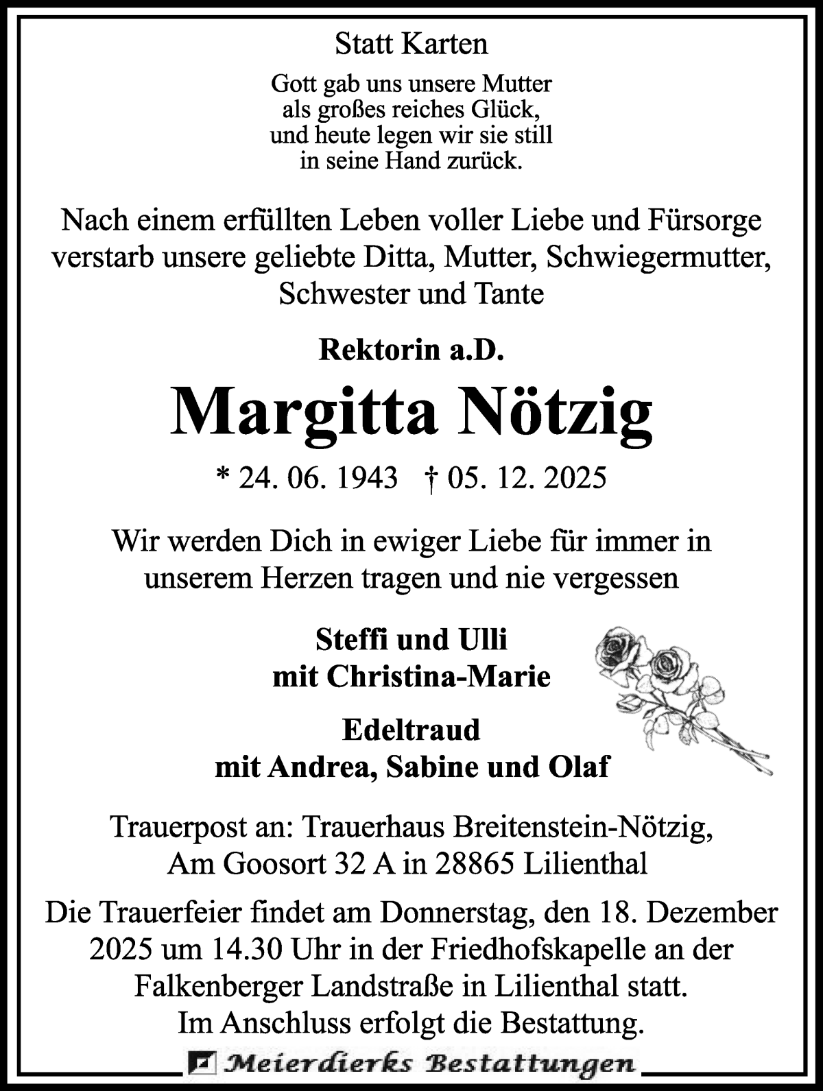 Traueranzeige von Margitta Nötzig von Die Norddeutsche