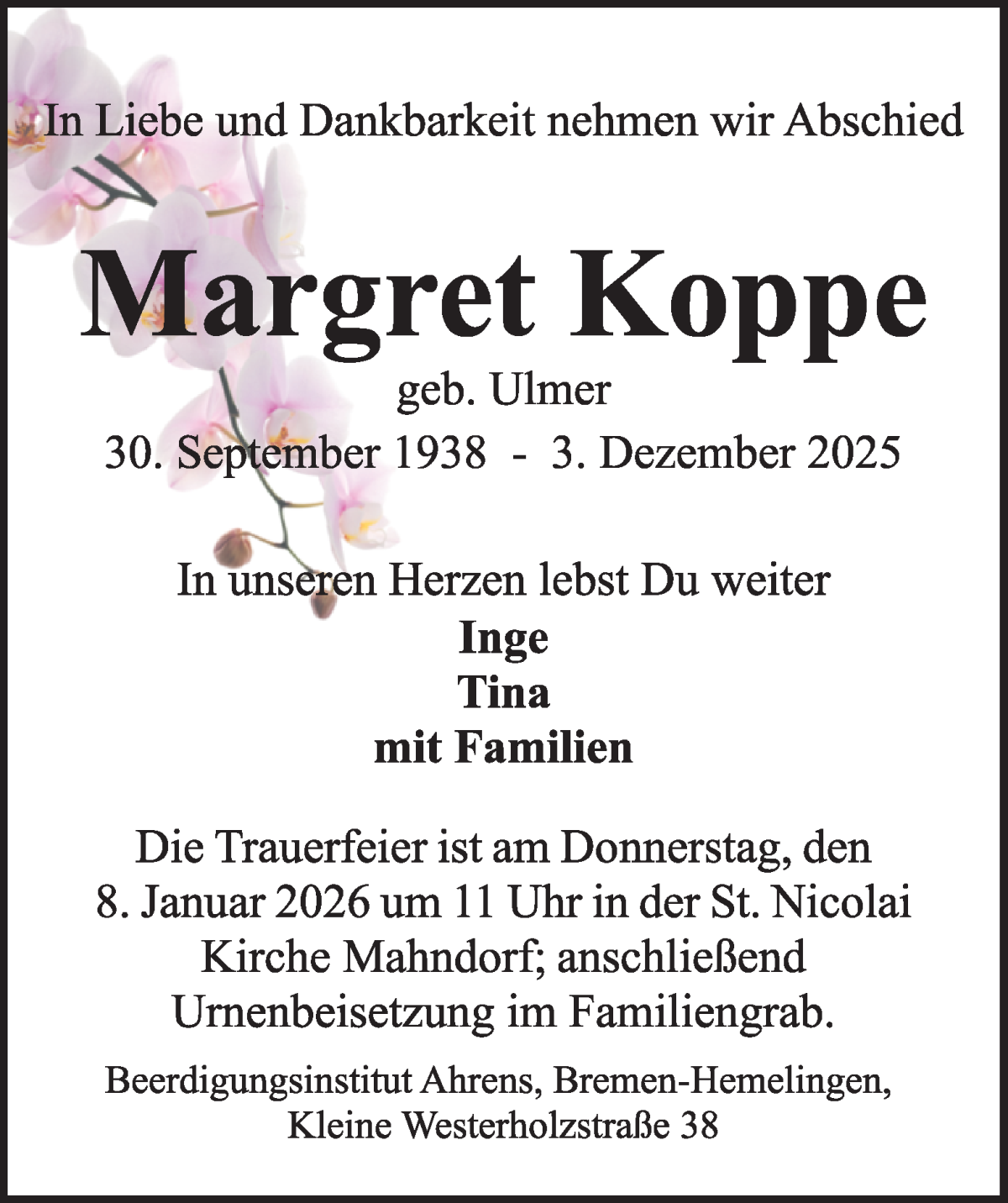 Traueranzeige von Margret Koppe von WESER-KURIER