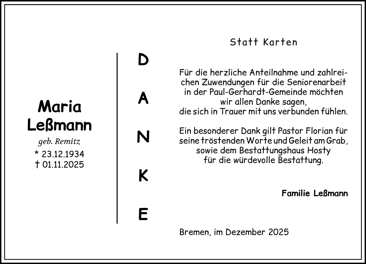 Traueranzeige von Maria Leßmann von Die Norddeutsche