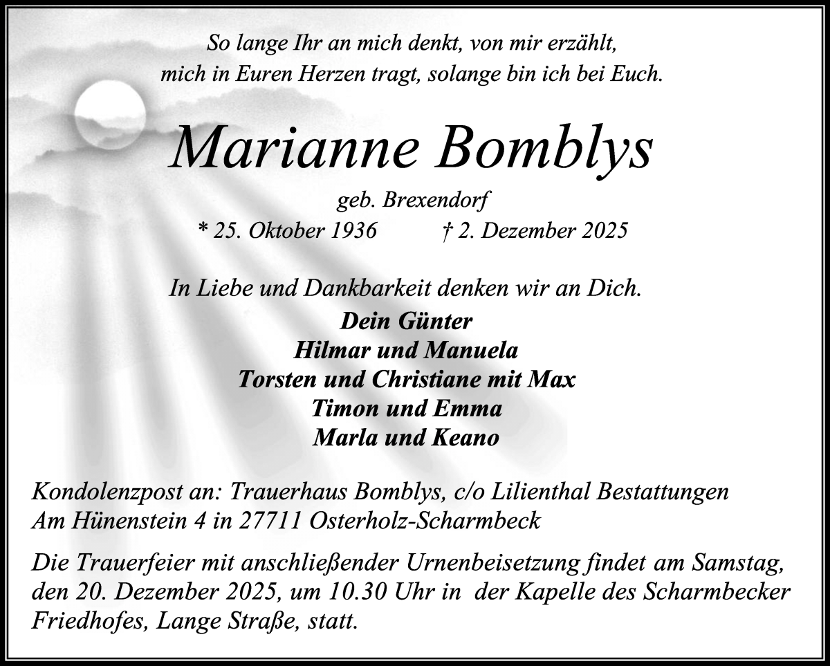 Traueranzeige von Marianne Bomblys von Osterholzer Kreisblatt