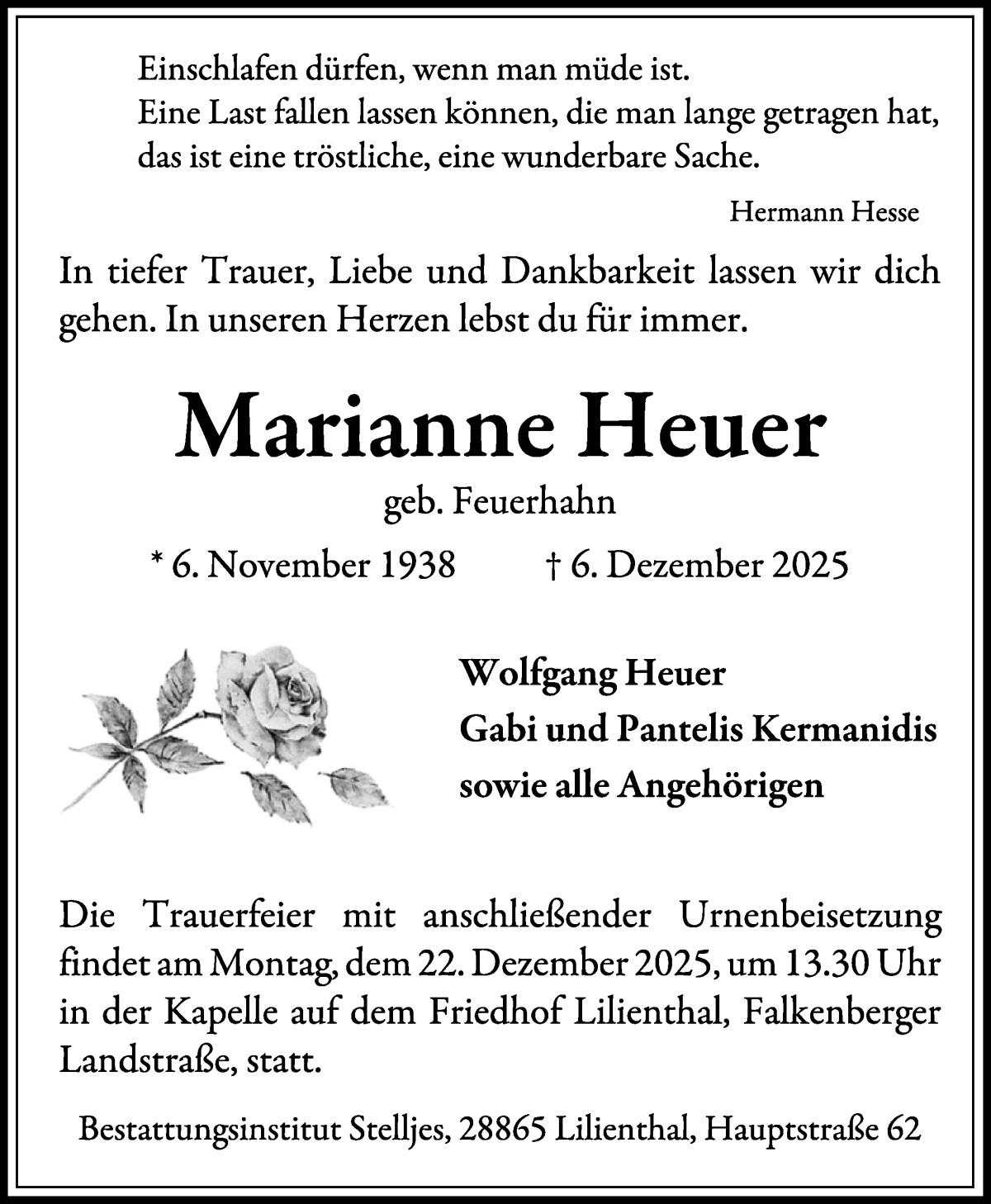 Traueranzeige von Marianne Heuer von Wuemme Zeitung