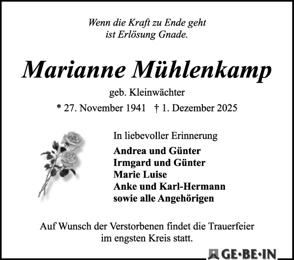 Traueranzeige von Marianne Mühlenkamp von WESER-KURIER