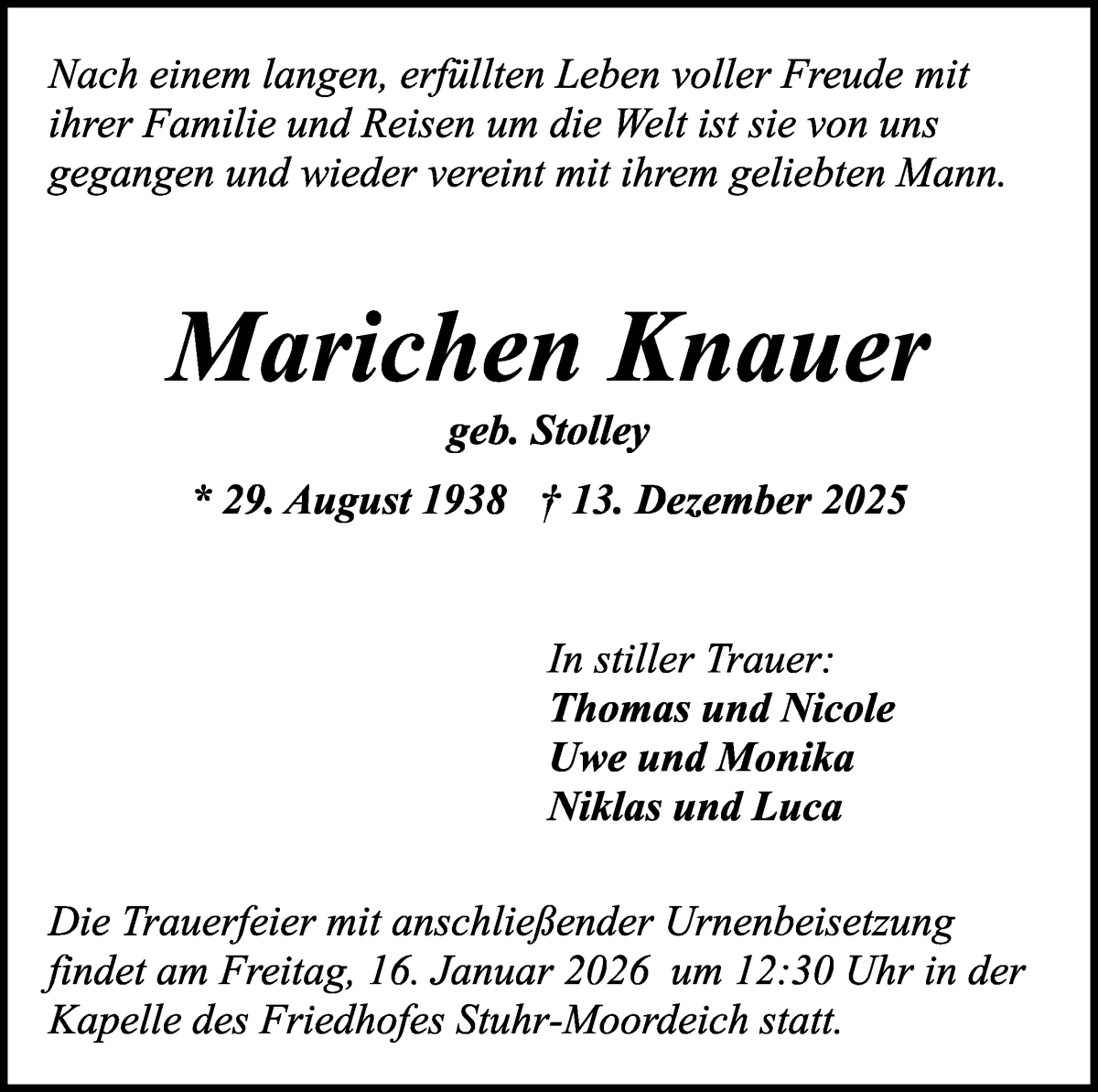 Traueranzeige von Marichen Knauer von WESER-KURIER