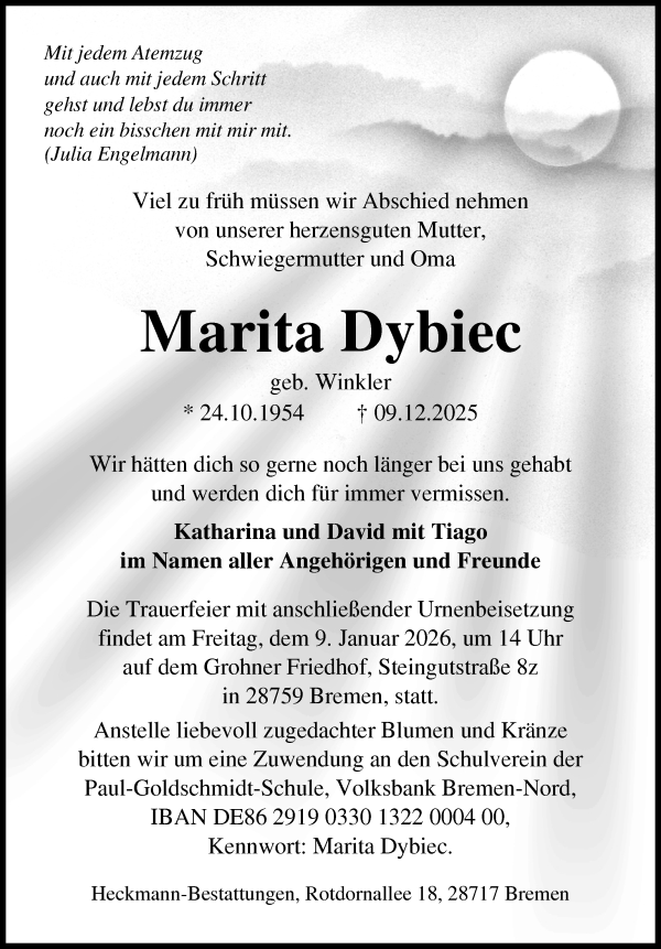 Traueranzeige von Marita Dybiec von WESER-KURIER