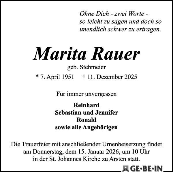 Traueranzeige von Marita Rauer von WESER-KURIER