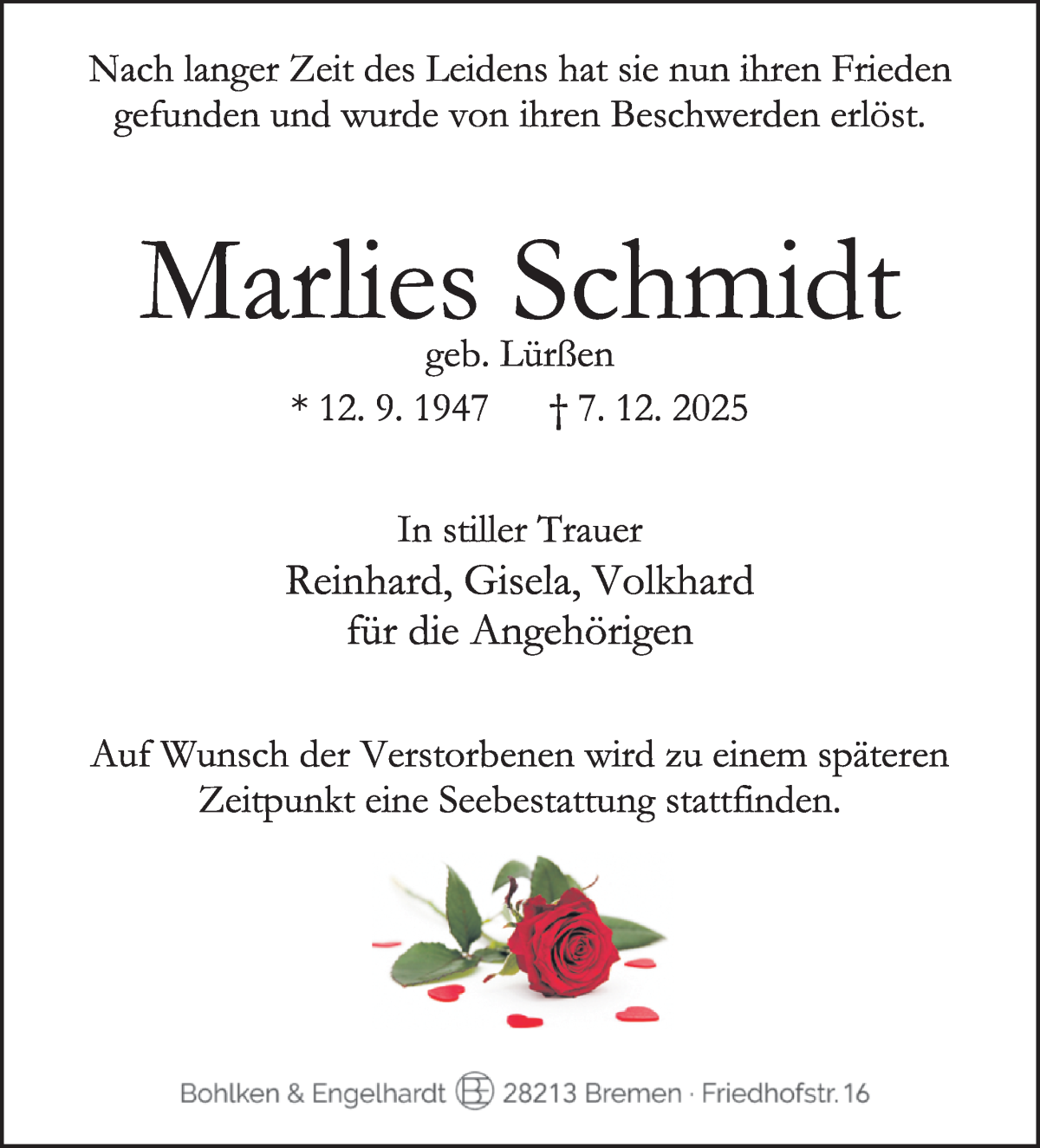 Traueranzeige von Marlies Schmidt von WESER-KURIER