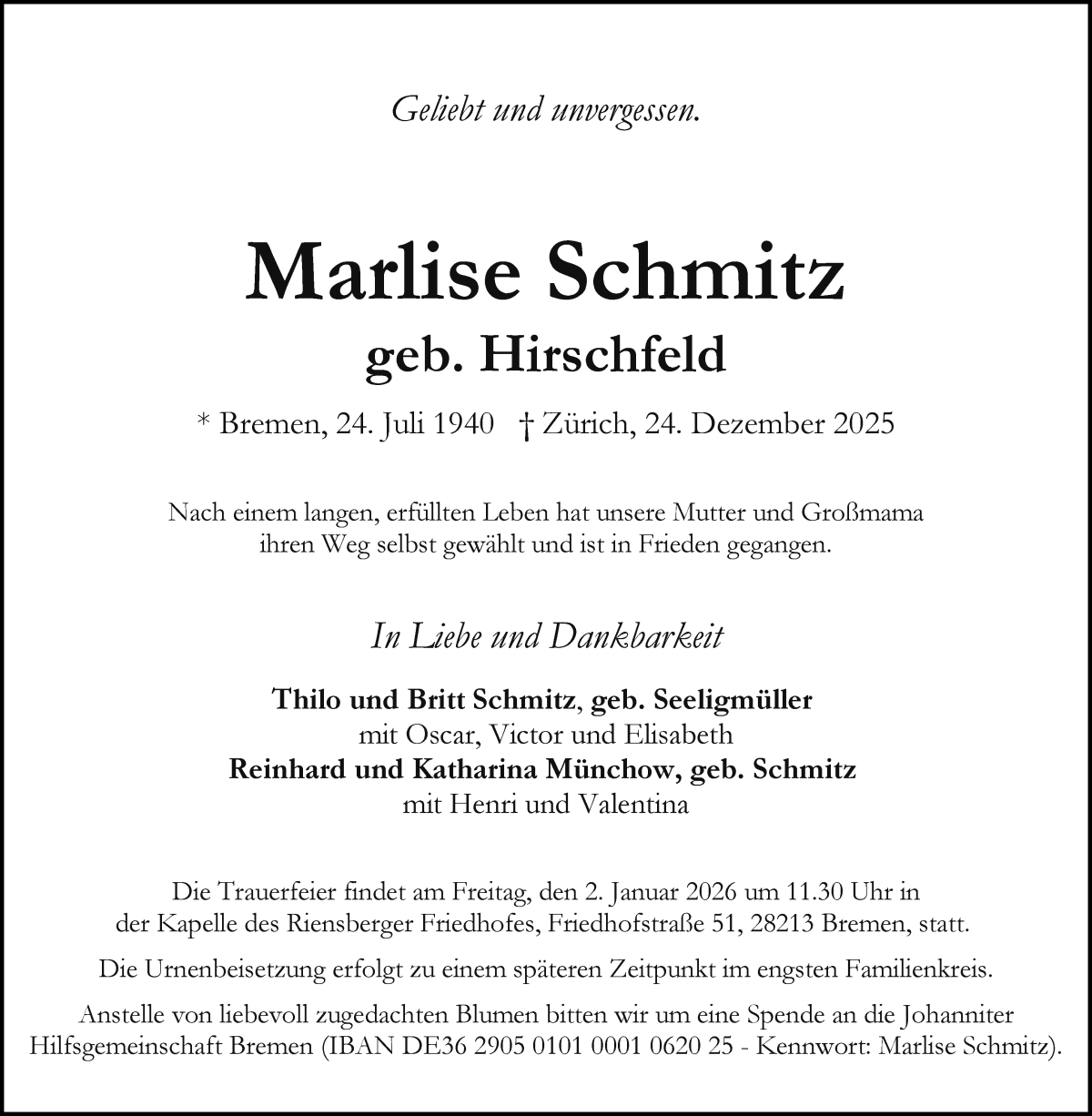 Traueranzeige von Marlise Schmitz von WESER-KURIER