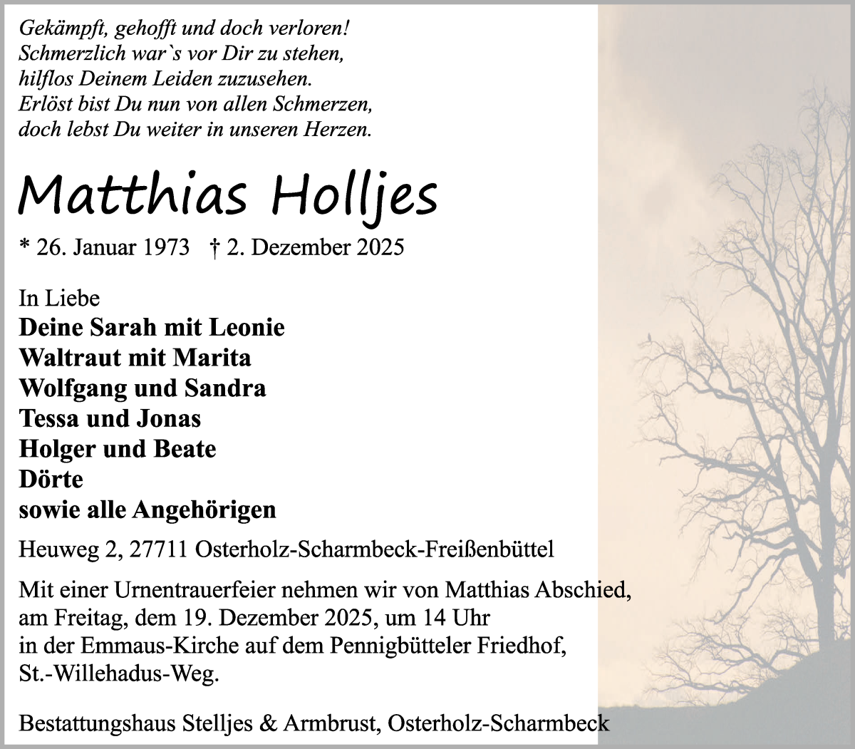Traueranzeige von Matthias Holljes von Osterholzer Kreisblatt