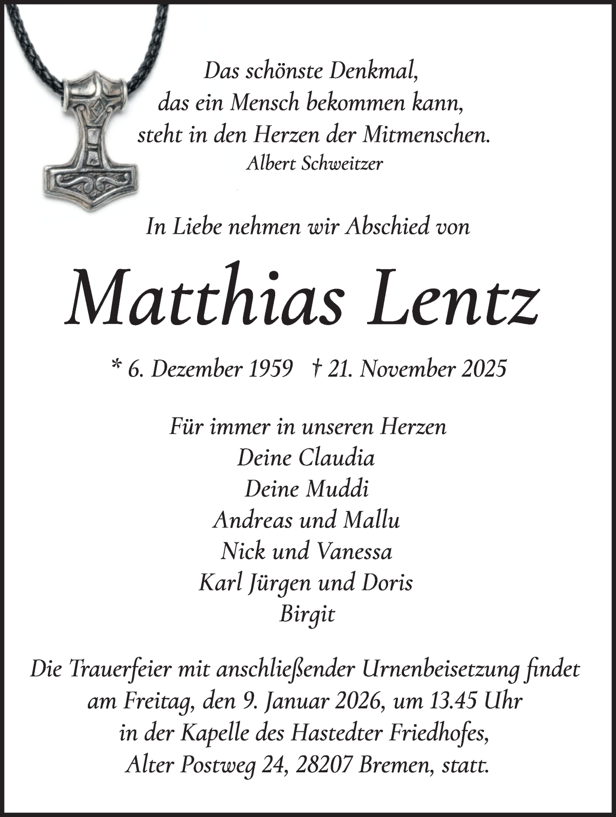  Traueranzeige für Matthias Lentz vom 13.12.2025 aus WESER-KURIER