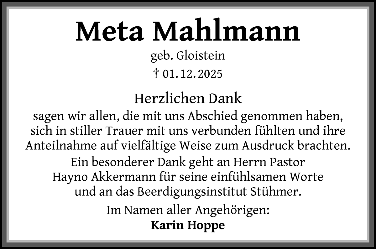 Traueranzeige von Meta Mahlmann von Die Norddeutsche