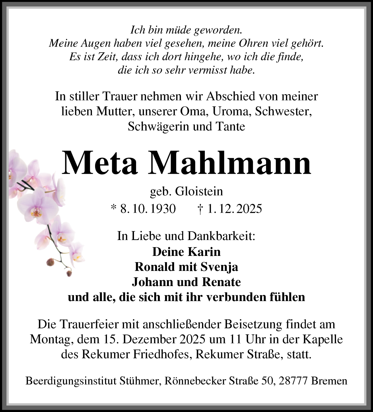 Traueranzeige von Meta Mahlmann von Die Norddeutsche