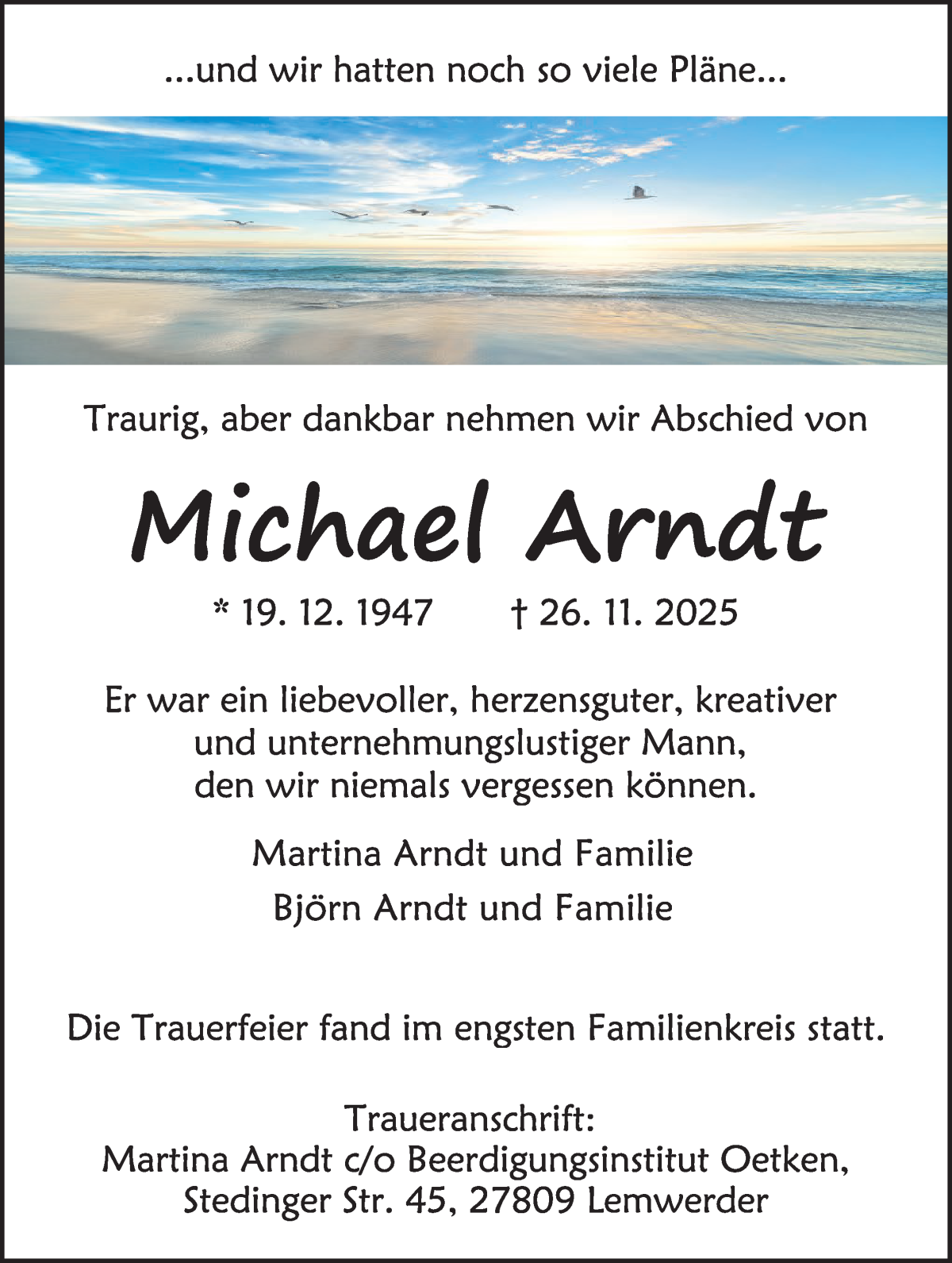 Traueranzeige von Michael Arndt von Die Norddeutsche