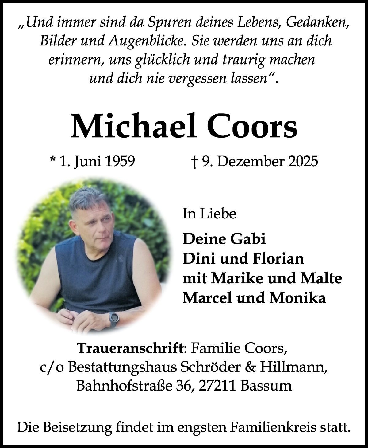 Traueranzeige von Michael Coors von WESER-KURIER